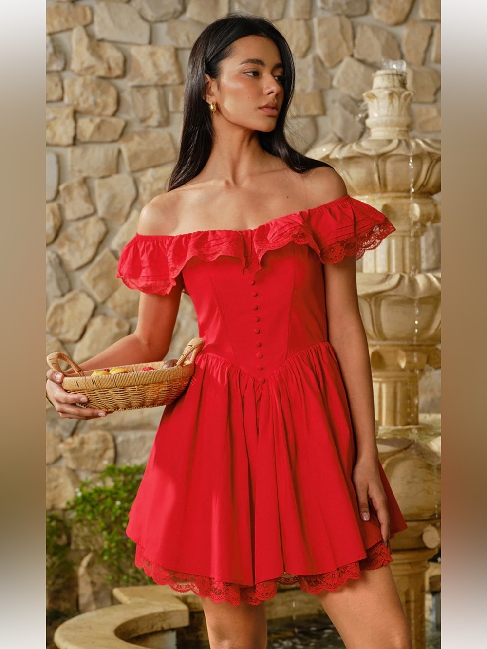 Commense Cotton Off-Shoulder Lace-Trim Dress in Red Size XS